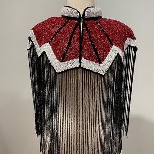 Red Black and White Letterman Design hand beaded fringe capelet O/S